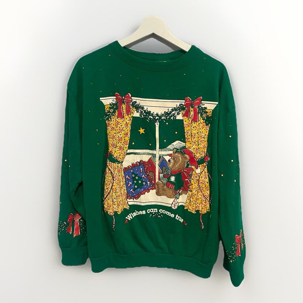 Vintage Teddy Bear Holiday Time Ugly Sweater Party 1980s Sweatshirt‎ Large